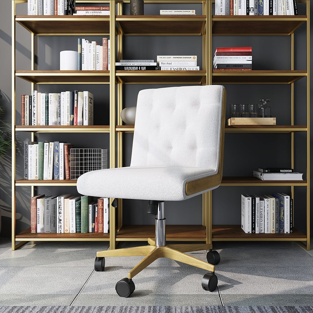 HMR - Modern White Swivel Office Chair Adjustable Height Ergonomic Linen Armless Desk Chair