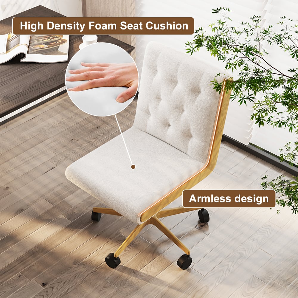 HMR - Modern White Swivel Office Chair Adjustable Height Ergonomic Linen Armless Desk Chair
