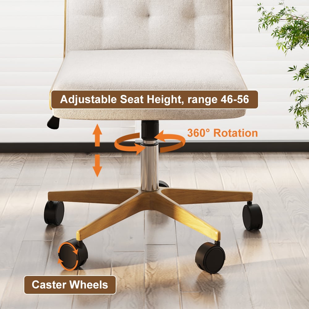 HMR - Modern White Swivel Office Chair Adjustable Height Ergonomic Linen Armless Desk Chair