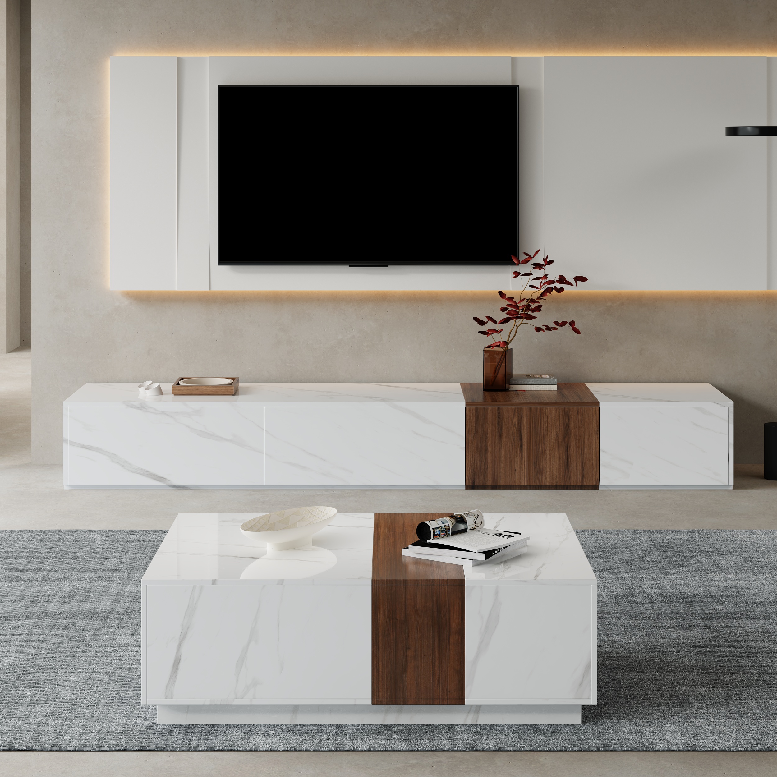 HMR - Vewal Wood Block TV Stand & Coffee Table Set