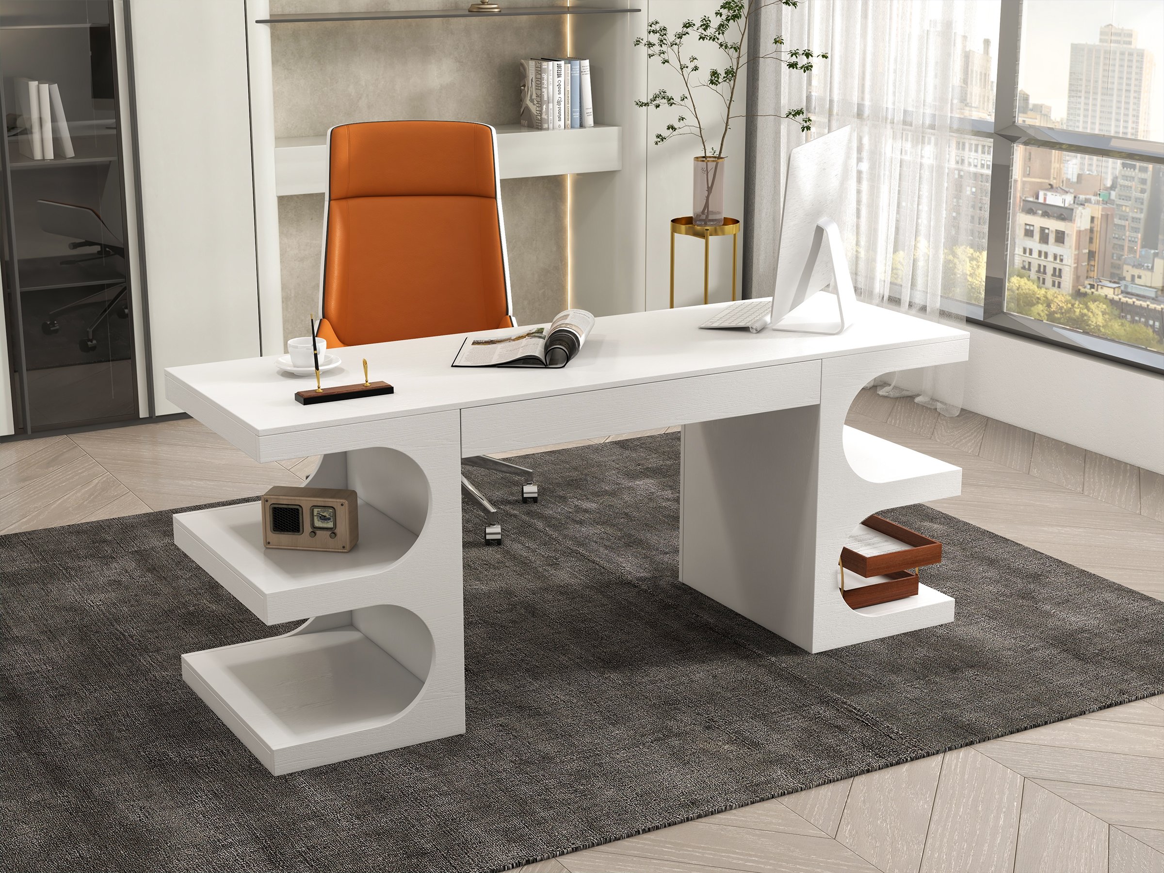 HMR - 64.2" Modern Writing Desk Office Desk with 1 Drawer & 4 Open Shelves