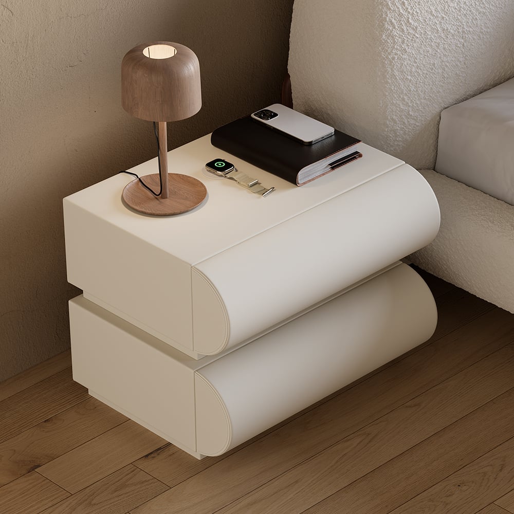 HMR Modern White Boucle Platform Bed & 2 Smart Boucle Nightstand Style A - White, King, 2 Drawers
