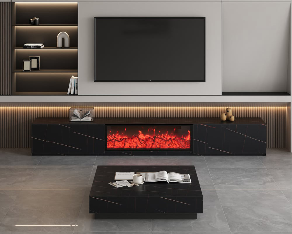 HMR Electric Fireplace TV Stand with 2 Drawers - Black, Sintered Stone, 78.7"W×15.4"D×15.4"H