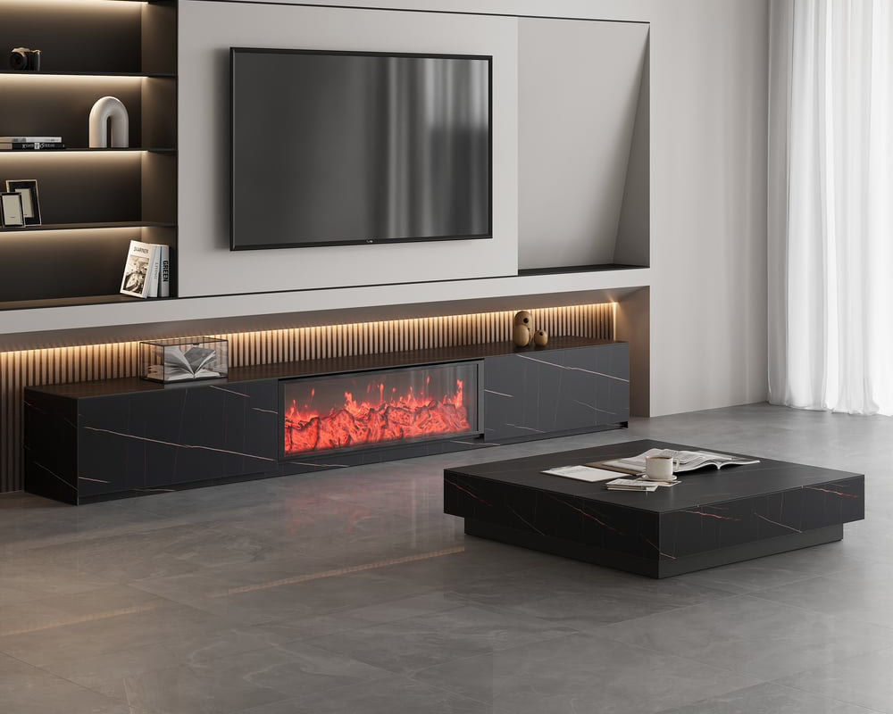 HMR Electric Fireplace TV Stand with 2 Drawers - Black, Sintered Stone, 78.7"W×15.4"D×15.4"H