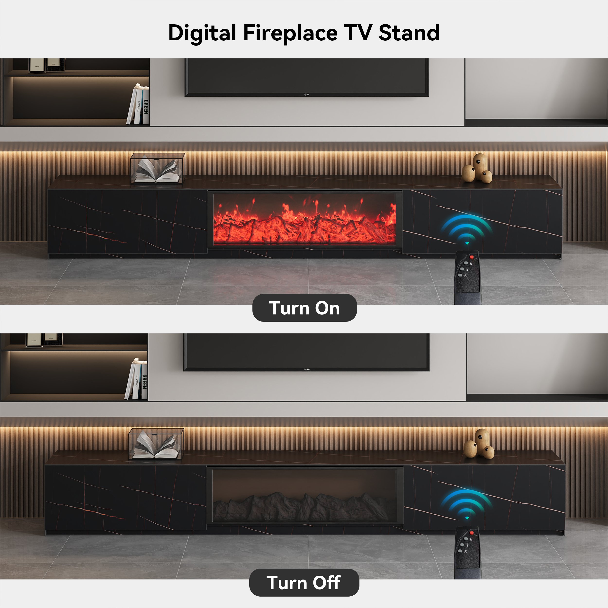 HMR Electric Fireplace TV Stand with 2 Drawers - Black, Sintered Stone, 78.7"W×15.4"D×15.4"H