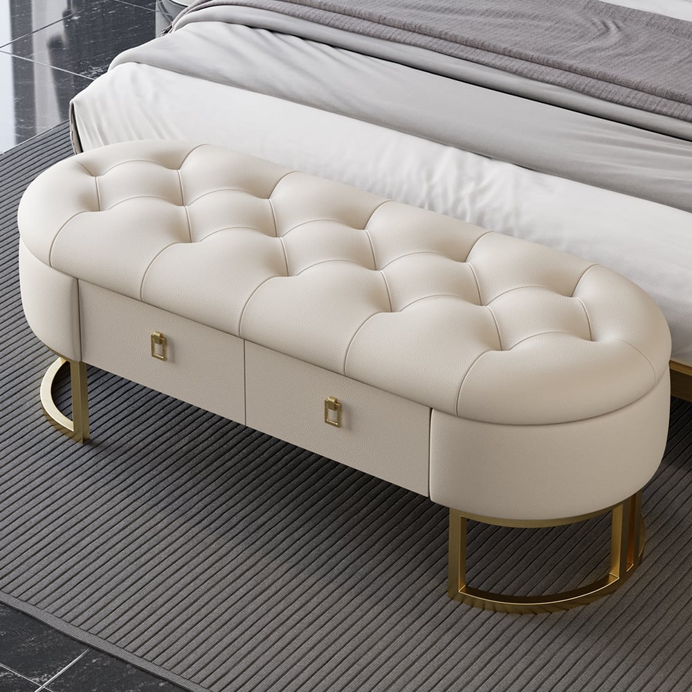 HMR - Modern Beige Bedroom Storage Tufted Bench with 2 Drawers in Leather Upholstery