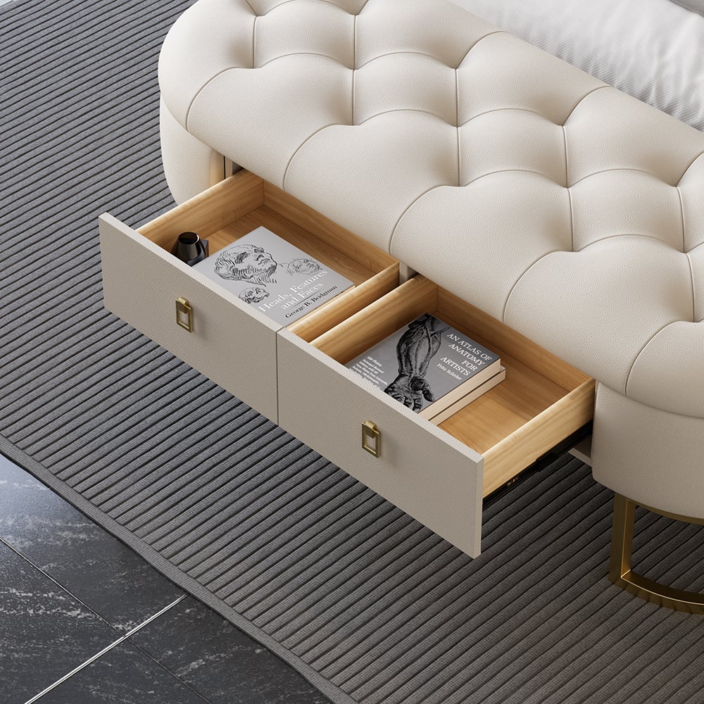 HMR - Modern Beige Bedroom Storage Tufted Bench with 2 Drawers in Leather Upholstery