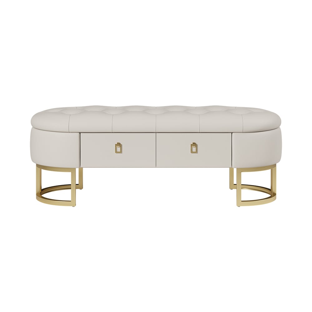 HMR - Modern Beige Bedroom Storage Tufted Bench with 2 Drawers in Leather Upholstery