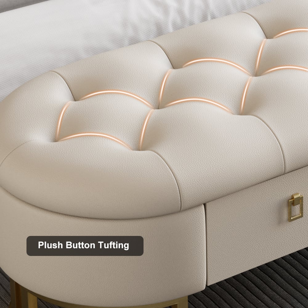 HMR - Modern Beige Bedroom Storage Tufted Bench with 2 Drawers in Leather Upholstery