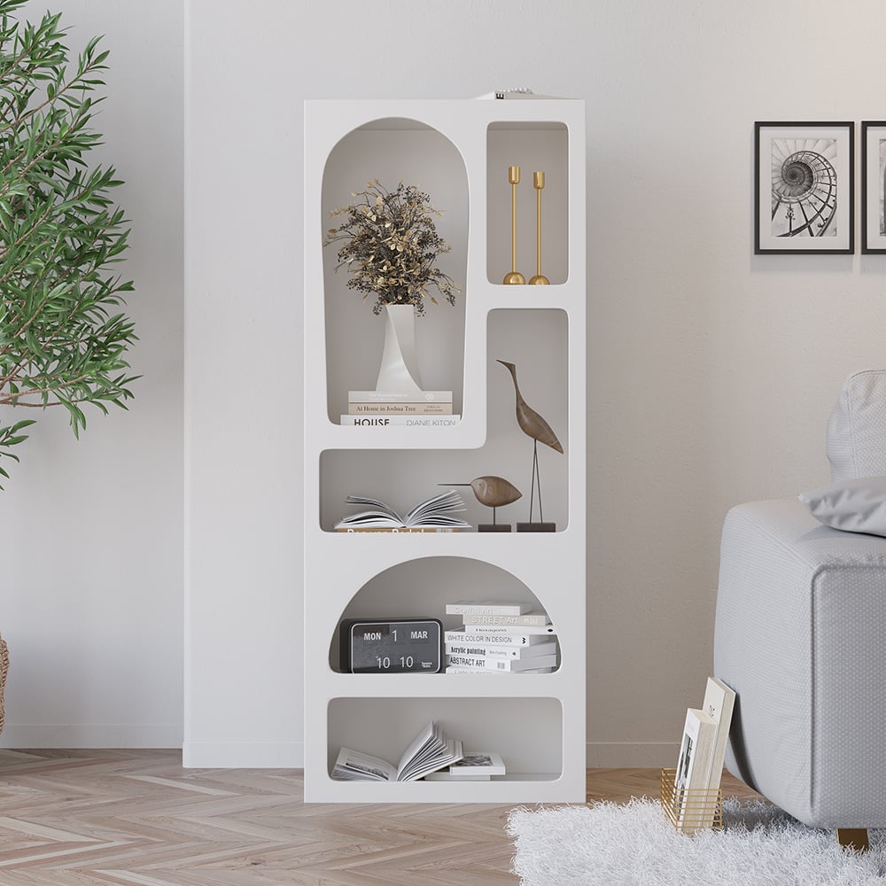 HMR - Codiys 59.1" Art Deco White Arched Bookcase Tall Open Geometric Japandi Bookshelf Wood