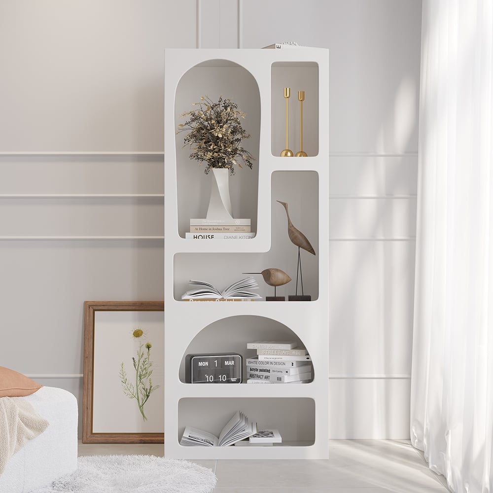 HMR - Codiys 59.1" Art Deco White Arched Bookcase Tall Open Geometric Japandi Bookshelf Wood