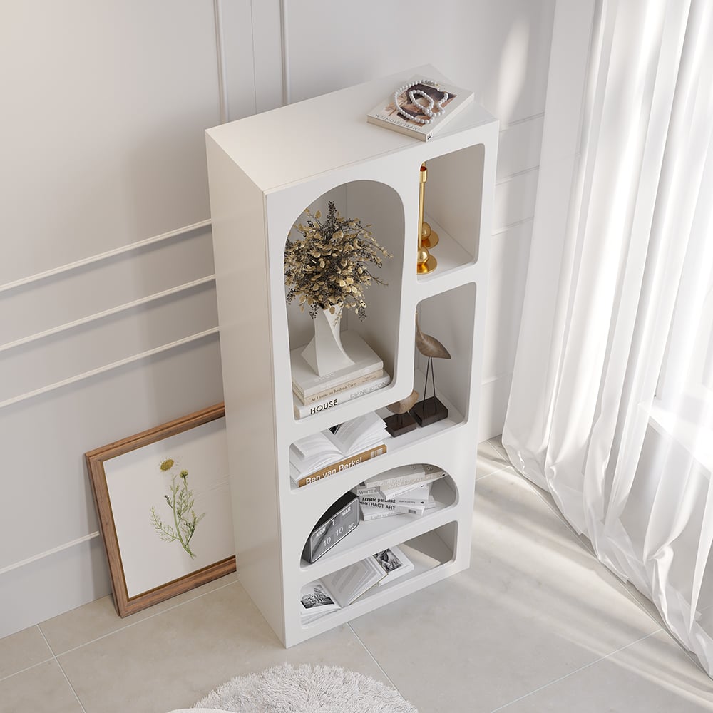 HMR - Codiys 59.1" Art Deco White Arched Bookcase Tall Open Geometric Japandi Bookshelf Wood