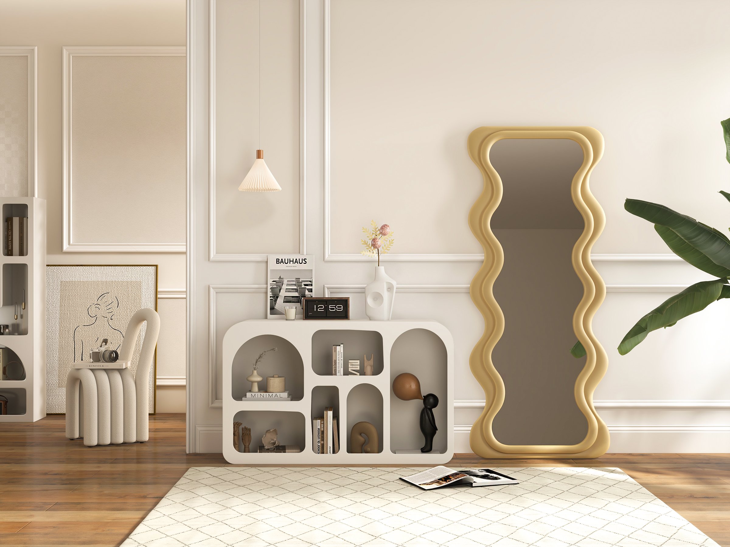HMR - Codiys 59.1" Art Deco White Arched Bookcase Tall Open Geometric Japandi Bookshelf Wood