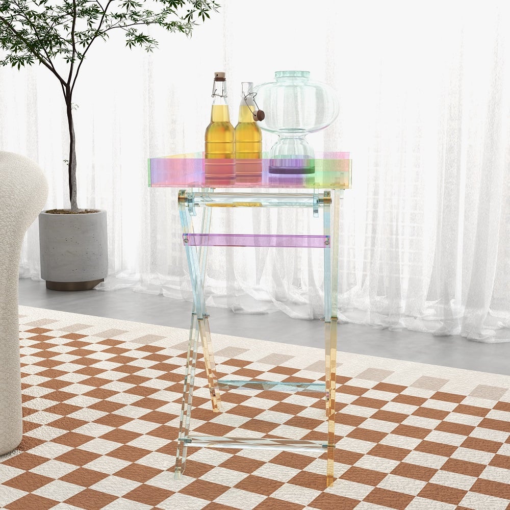 HMR - Modern Acrylic Folding Side Table Clear Square Iridescent End Table