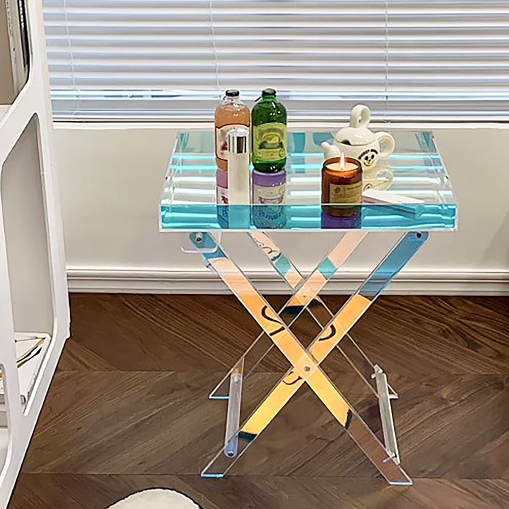 HMR - Modern Acrylic Folding Side Table Clear Square Iridescent End Table