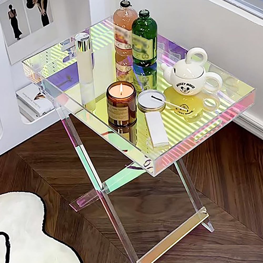 HMR - Modern Acrylic Folding Side Table Clear Square Iridescent End Table