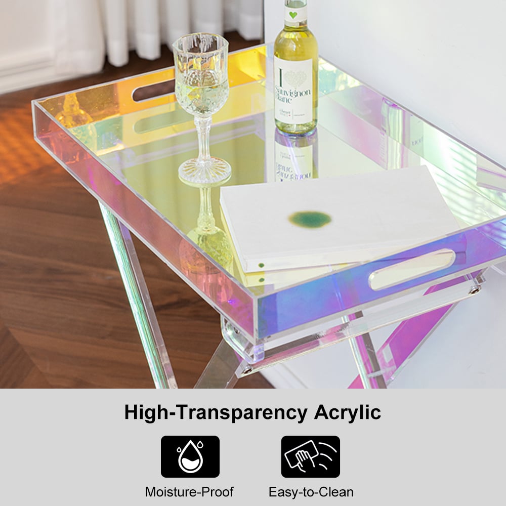 HMR - Modern Acrylic Folding Side Table Clear Square Iridescent End Table