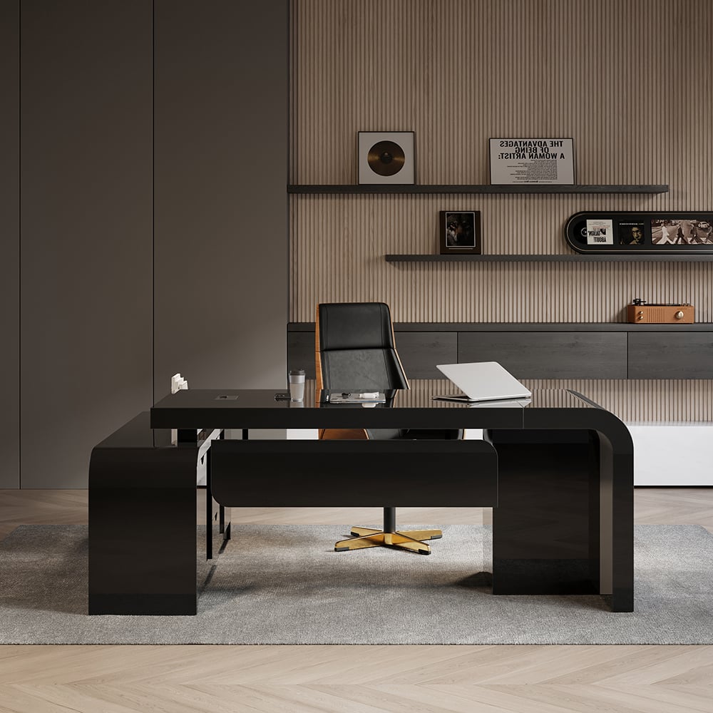 HMR L-shaped Modern Executive Desk & Reclining Leather Office Chair - Black, 70.9"L x 63.0"W x 29.9"H, Right Hand