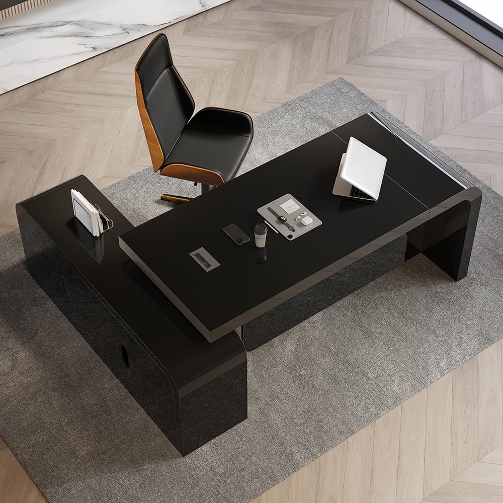 HMR L-shaped Modern Executive Desk & Reclining Leather Office Chair - Black, 70.9"L x 63.0"W x 29.9"H, Right Hand