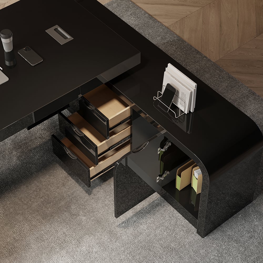 HMR L-shaped Modern Executive Desk & Reclining Leather Office Chair - Black, 70.9"L x 63.0"W x 29.9"H, Right Hand