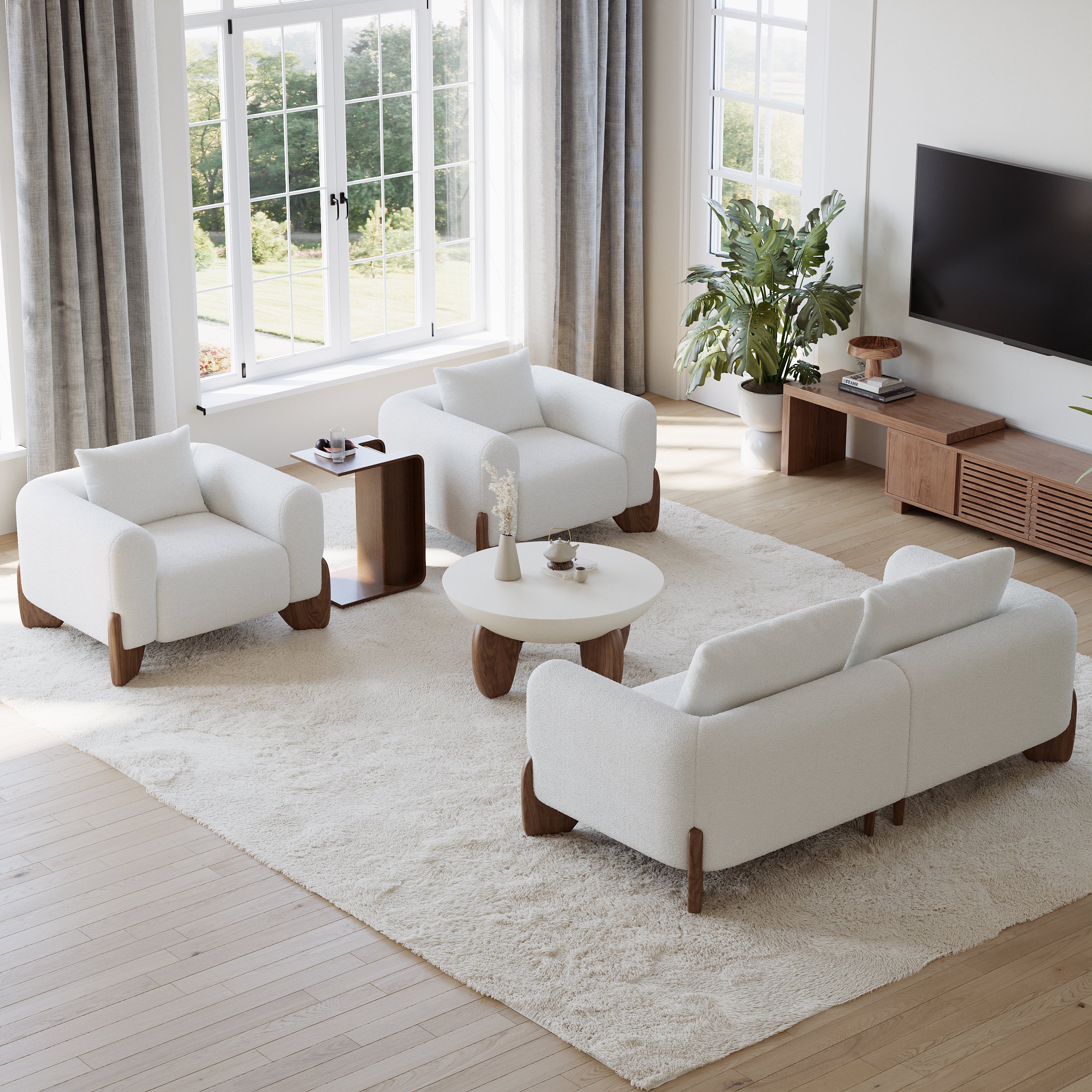 HMR - Curva White Boucle Accent Chair with Wood Frame