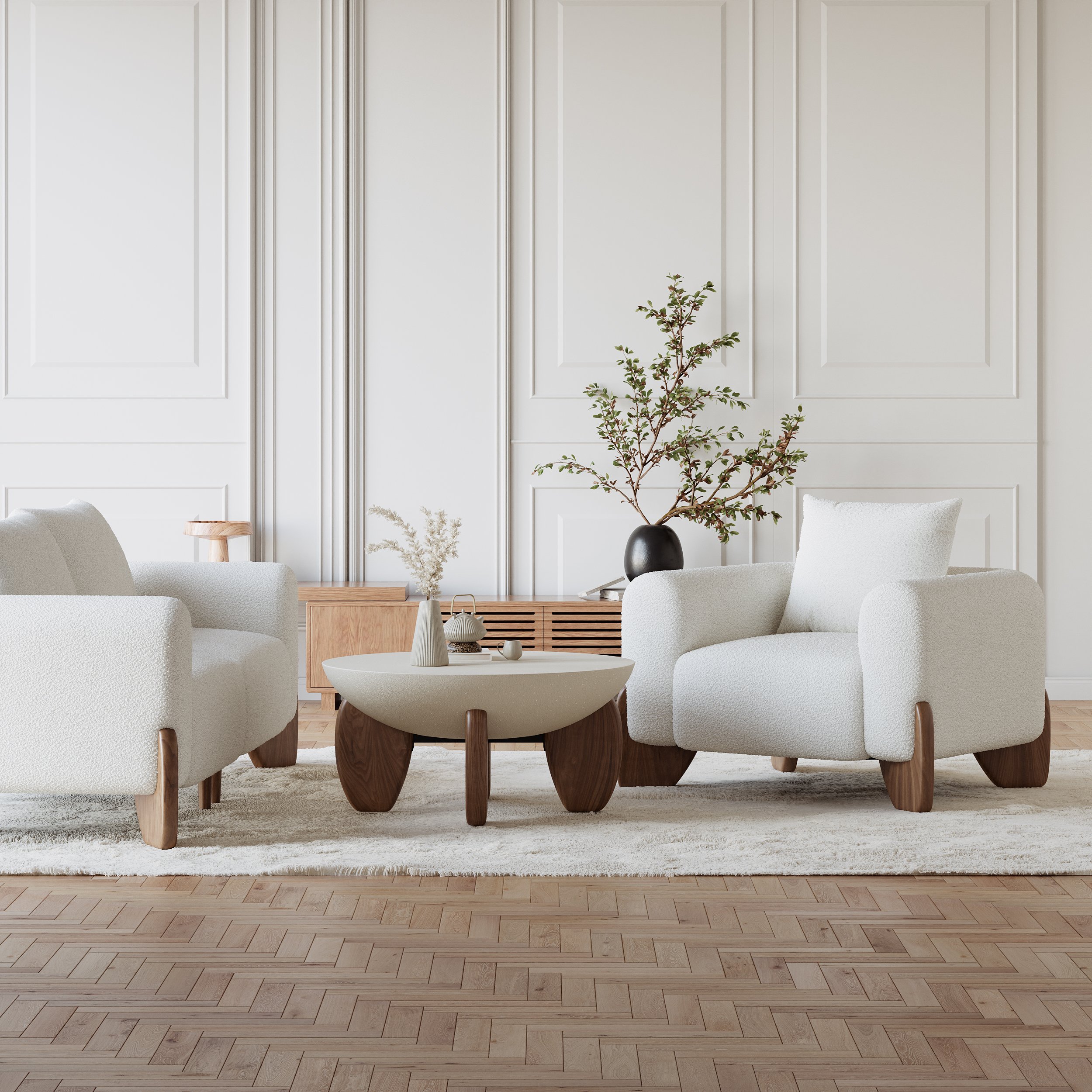 HMR - Curva White Boucle Accent Chair with Wood Frame