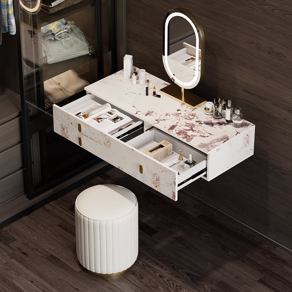 HMR - Modern White Floating Makeup Vanity Set Dressing Table with LED Mirror & Leather Stool