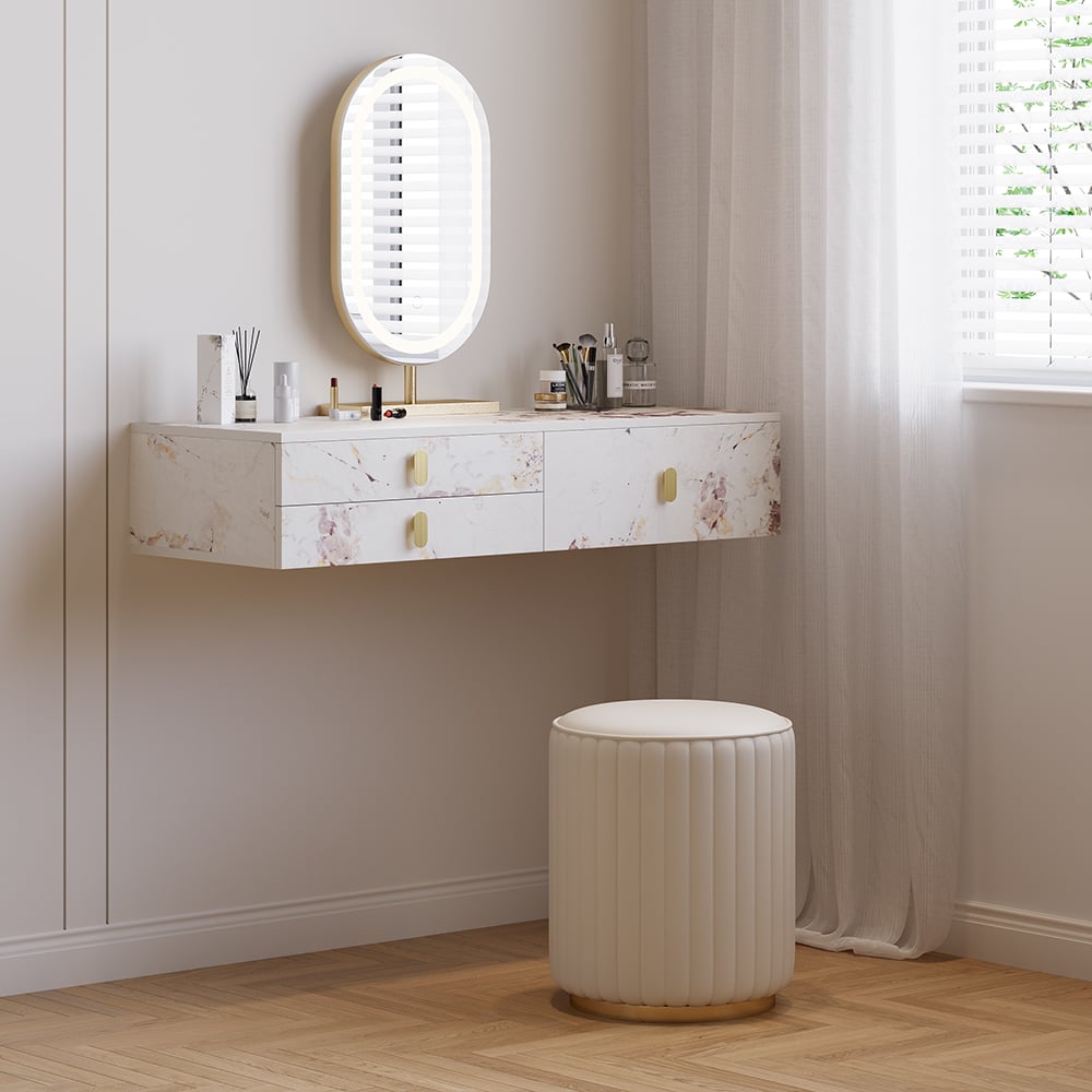HMR - Modern White Floating Makeup Vanity Set Dressing Table with LED Mirror & Leather Stool