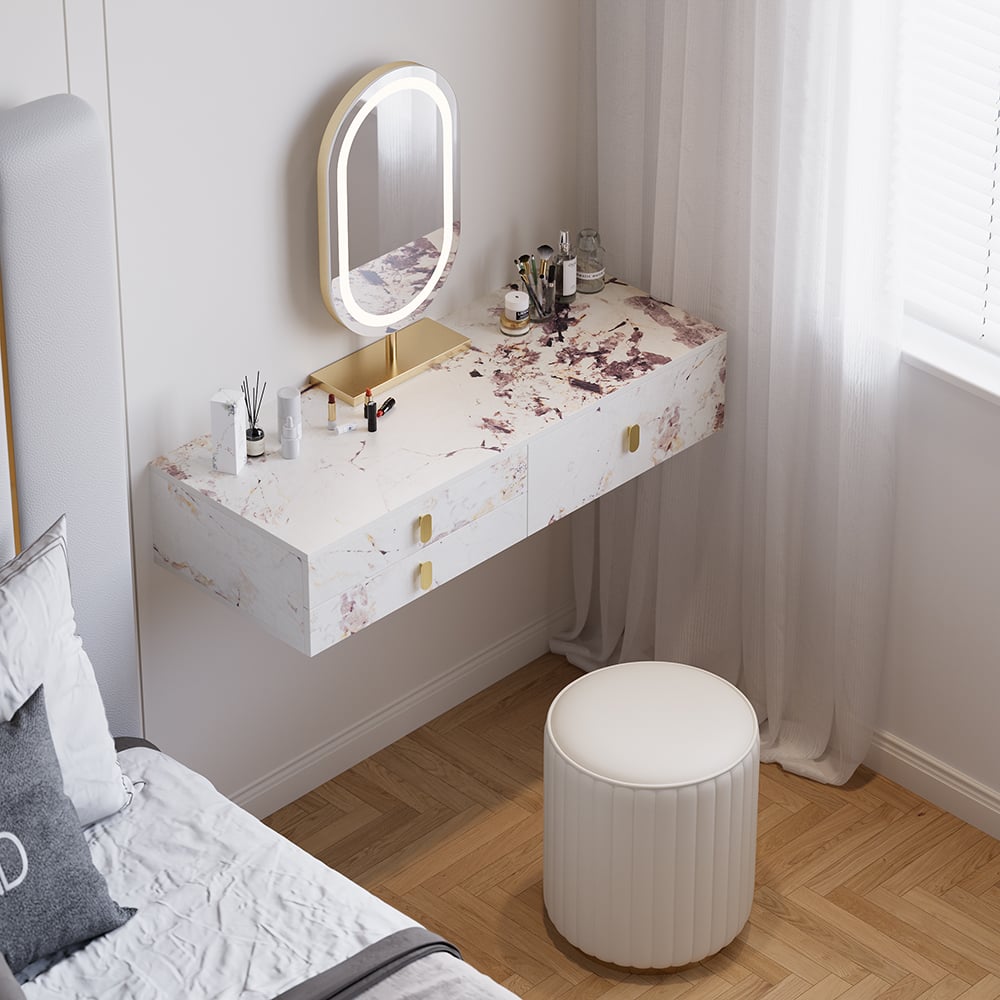 HMR - Modern White Floating Makeup Vanity Set Dressing Table with LED Mirror & Leather Stool