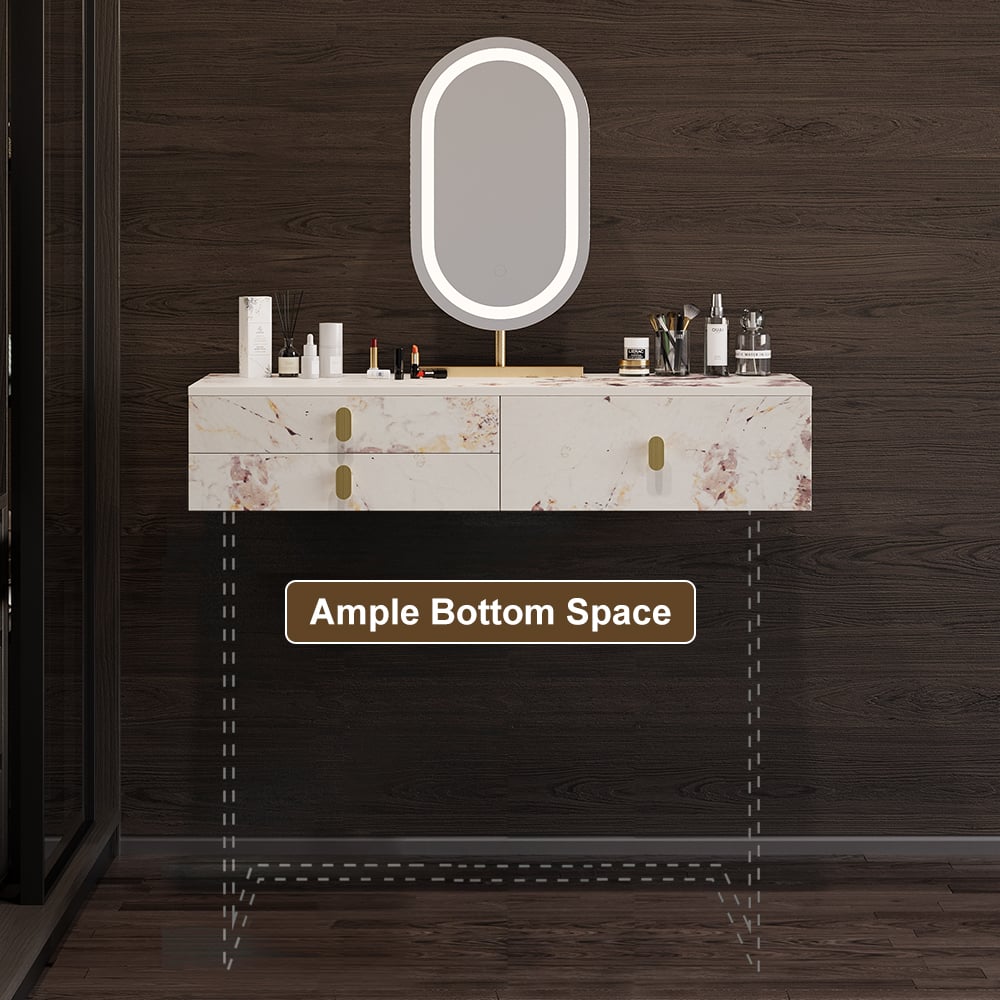 HMR - Modern White Floating Makeup Vanity Set Dressing Table with LED Mirror & Leather Stool