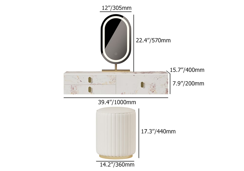 HMR - Modern White Floating Makeup Vanity Set Dressing Table with LED Mirror & Leather Stool