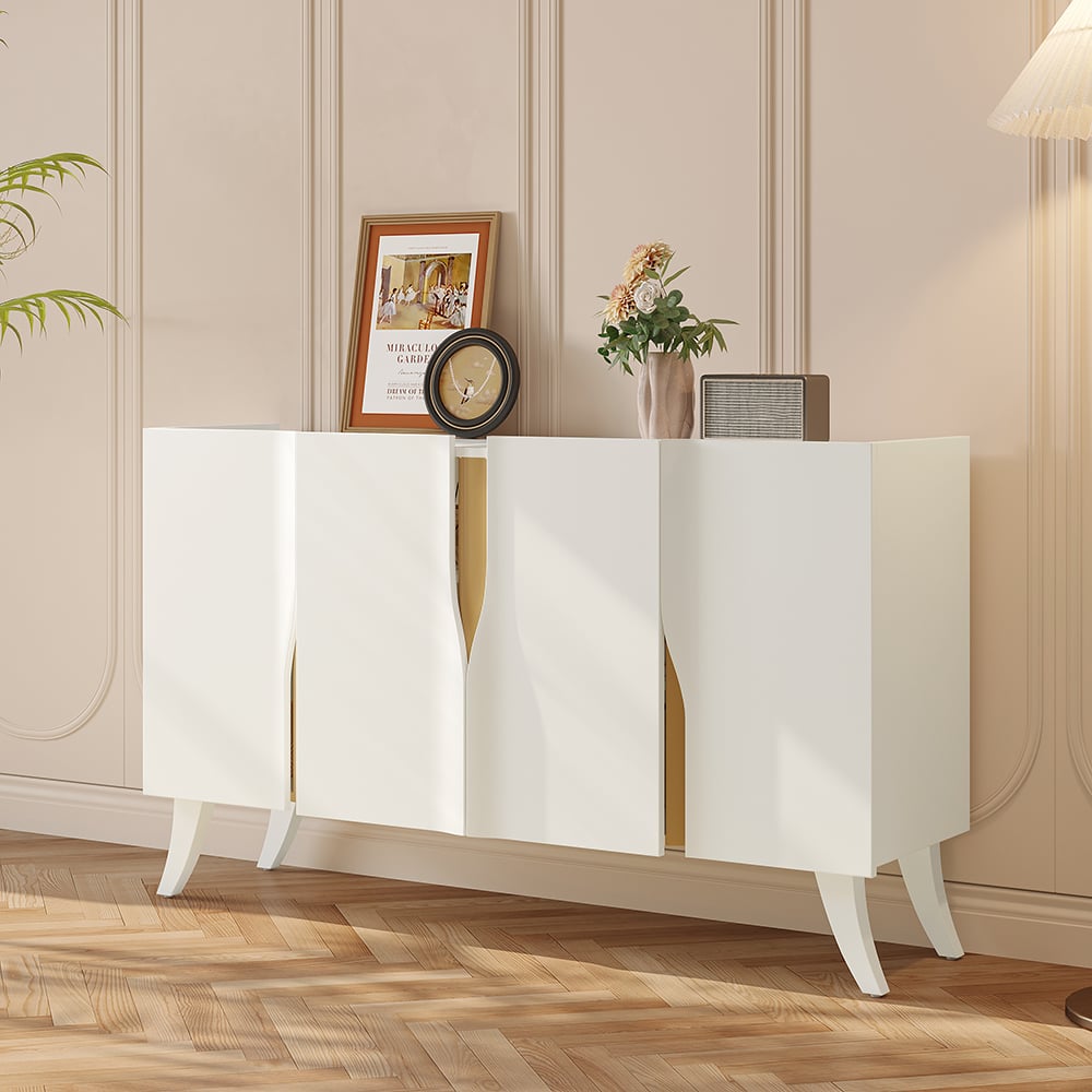 HMR - 59" Modern White Sideboard Buffet with Doors Curved Credenza Adjustable Shelves