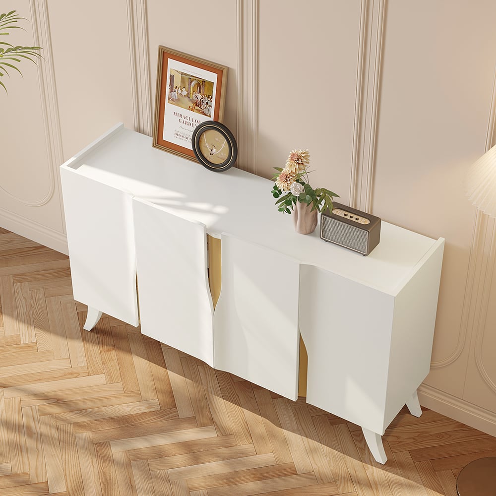 HMR - 59" Modern White Sideboard Buffet with Doors Curved Credenza Adjustable Shelves