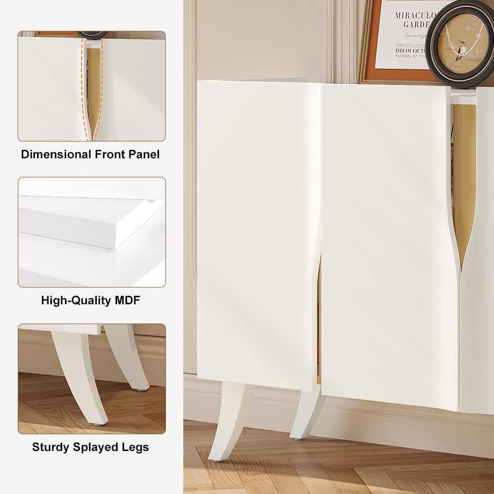HMR - 59" Modern White Sideboard Buffet with Doors Curved Credenza Adjustable Shelves