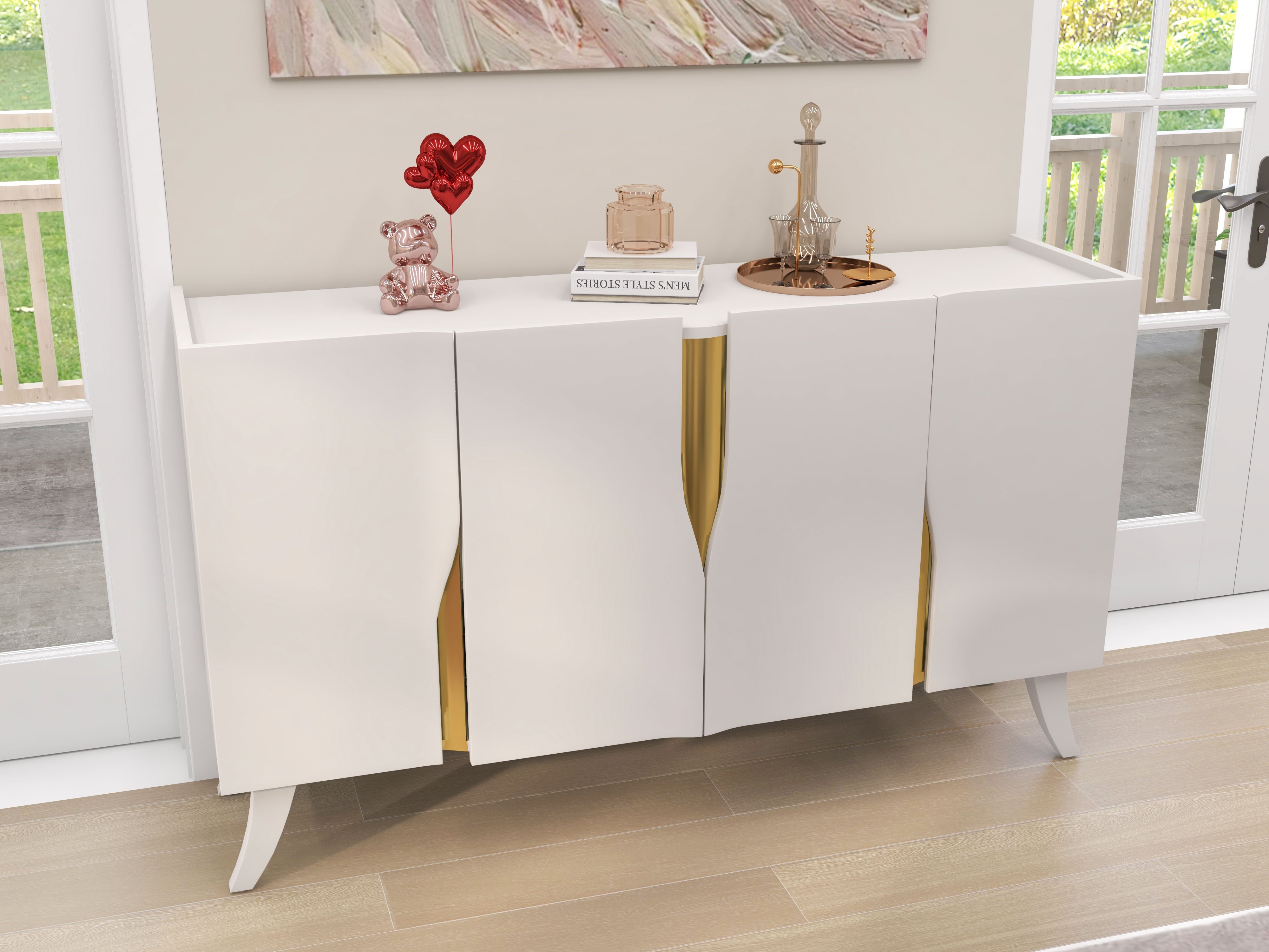 HMR - 59" Modern White Sideboard Buffet with Doors Curved Credenza Adjustable Shelves