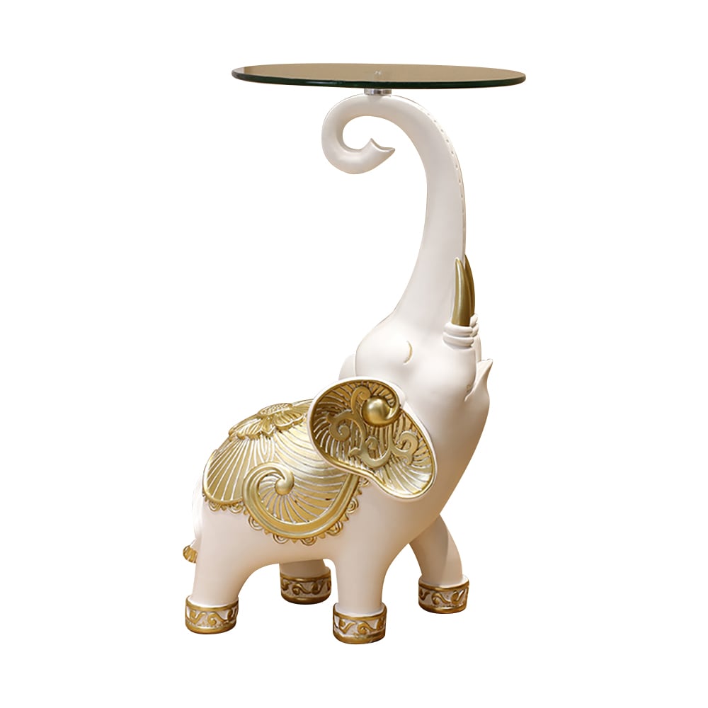 HMR - White Elephant Side Table in Gold Finish Modern End Table with Clear Glass Tray Top