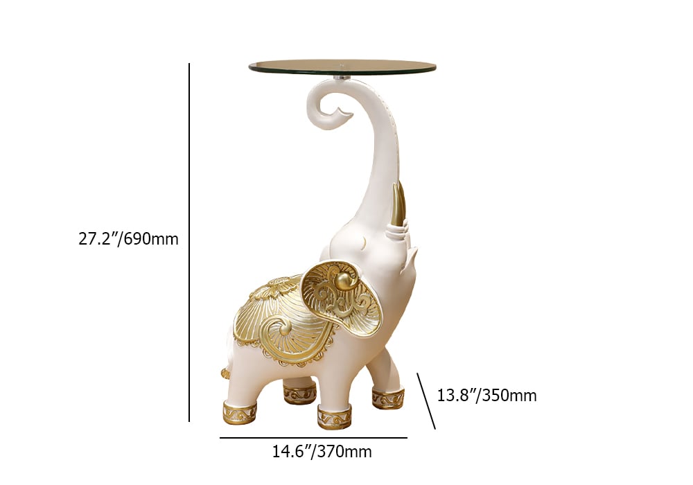 HMR - White Elephant Side Table in Gold Finish Modern End Table with Clear Glass Tray Top