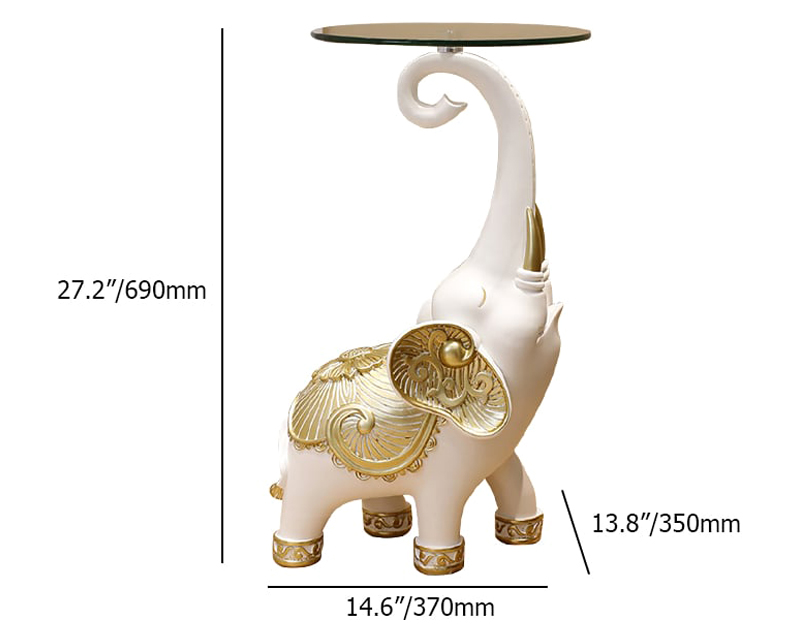 HMR - White Elephant Side Table in Gold Finish Modern End Table with Clear Glass Tray Top