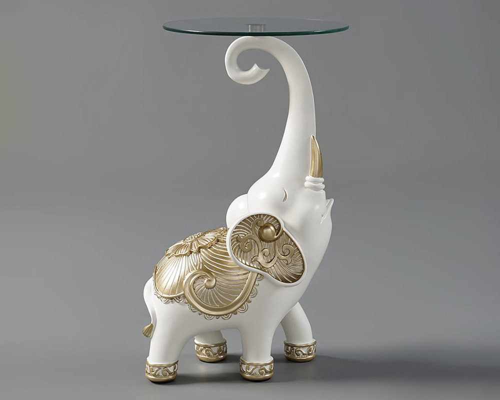 HMR - White Elephant Side Table in Gold Finish Modern End Table with Clear Glass Tray Top