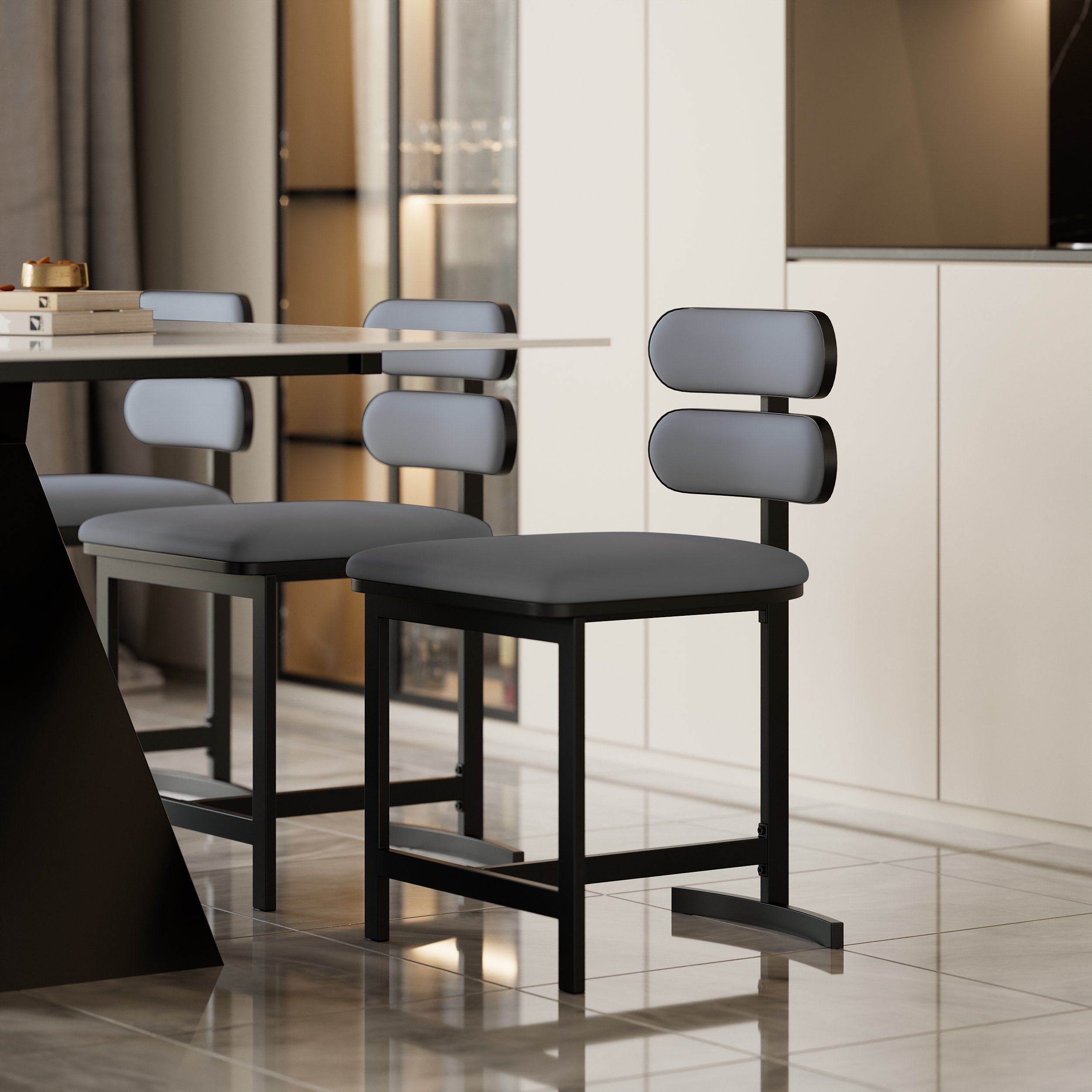HMR Modern Wood Dining Chairs with PU Leather - Gray, Faux Leather, 2-Pieces