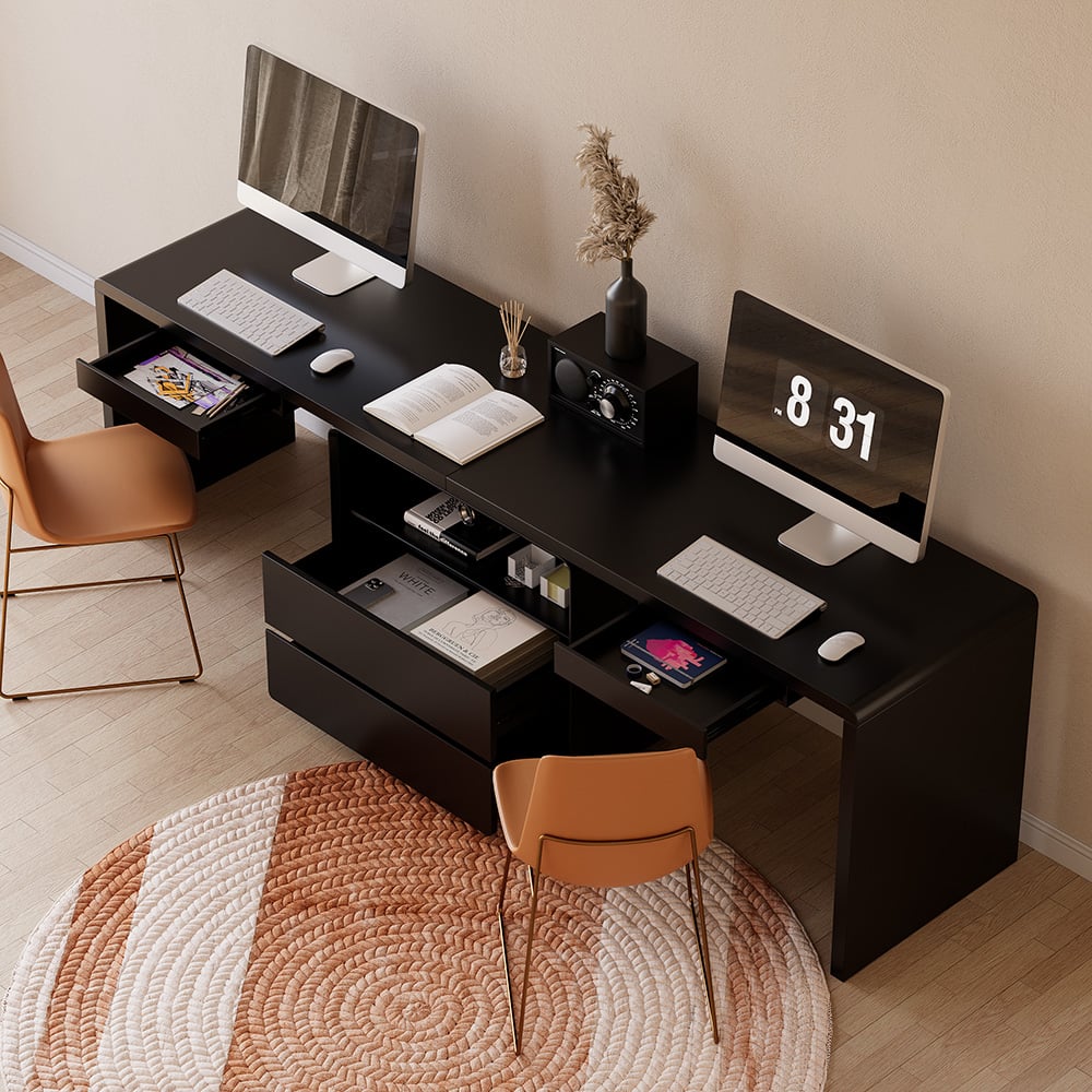 HMR 94.5" 2-Person Double Desk Modern Retangular Office Desk 4 Drawers & 1 Cabinet - Black