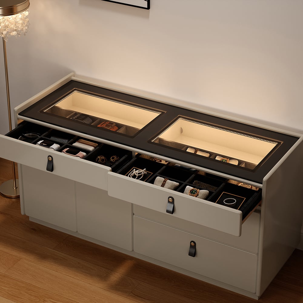 HMR - Modern 47"W Glass 4 Drawer Dresser with Light Closet Island with Jewelry Storage & Doors