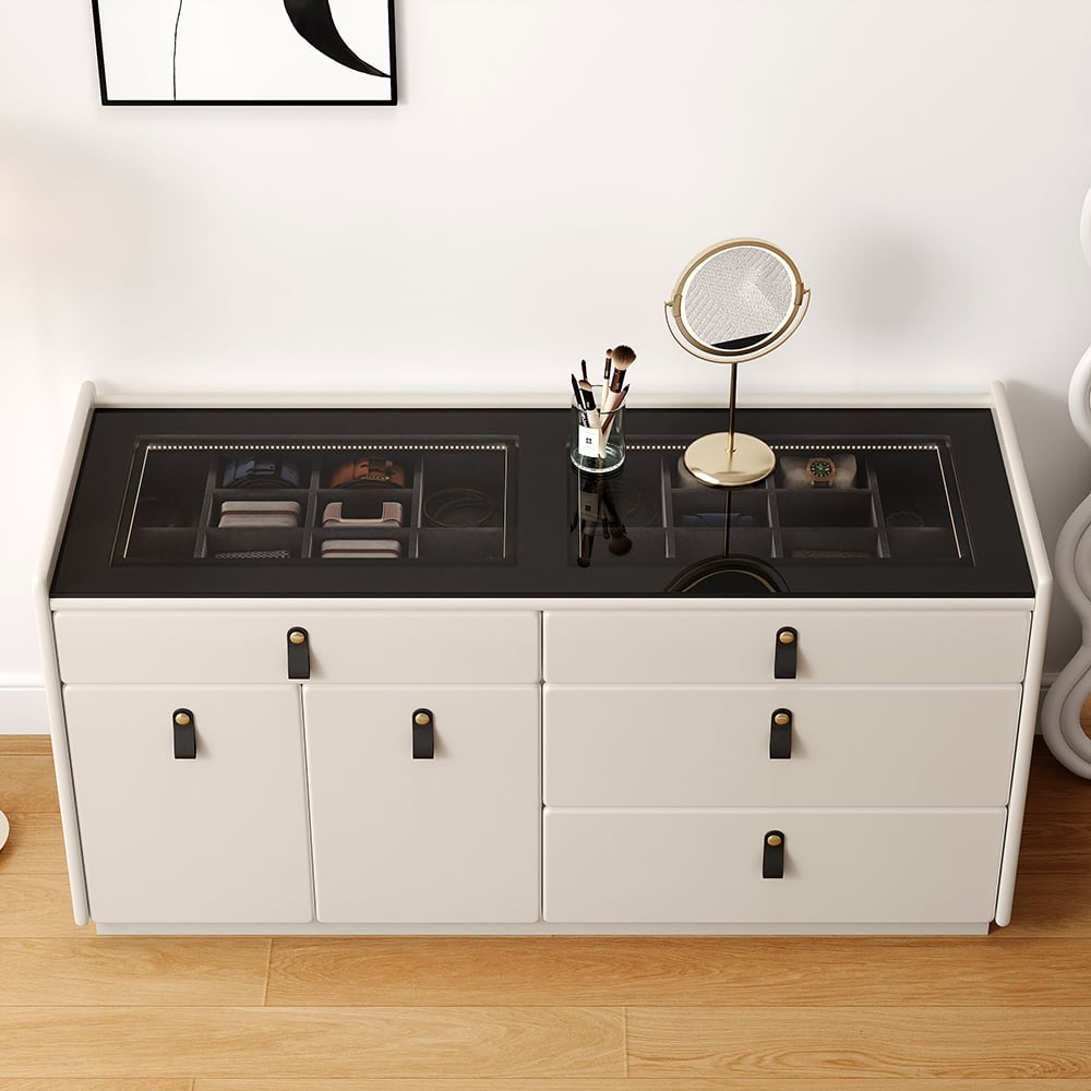 HMR - Modern 47"W Glass 4 Drawer Dresser with Light Closet Island with Jewelry Storage & Doors
