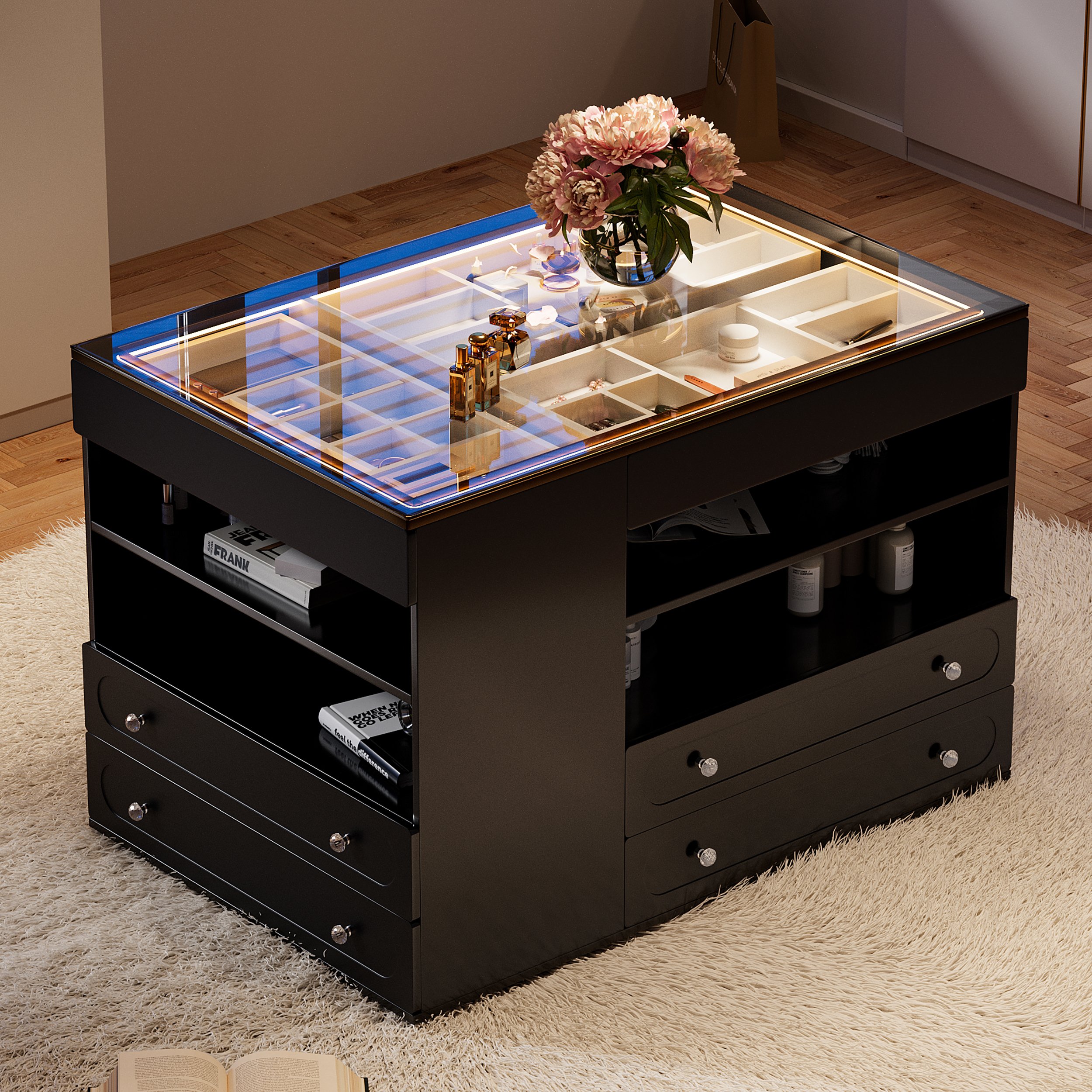 HMR - 47"W Dresser Walk in Closet Island with Jewelry Storage LED Light