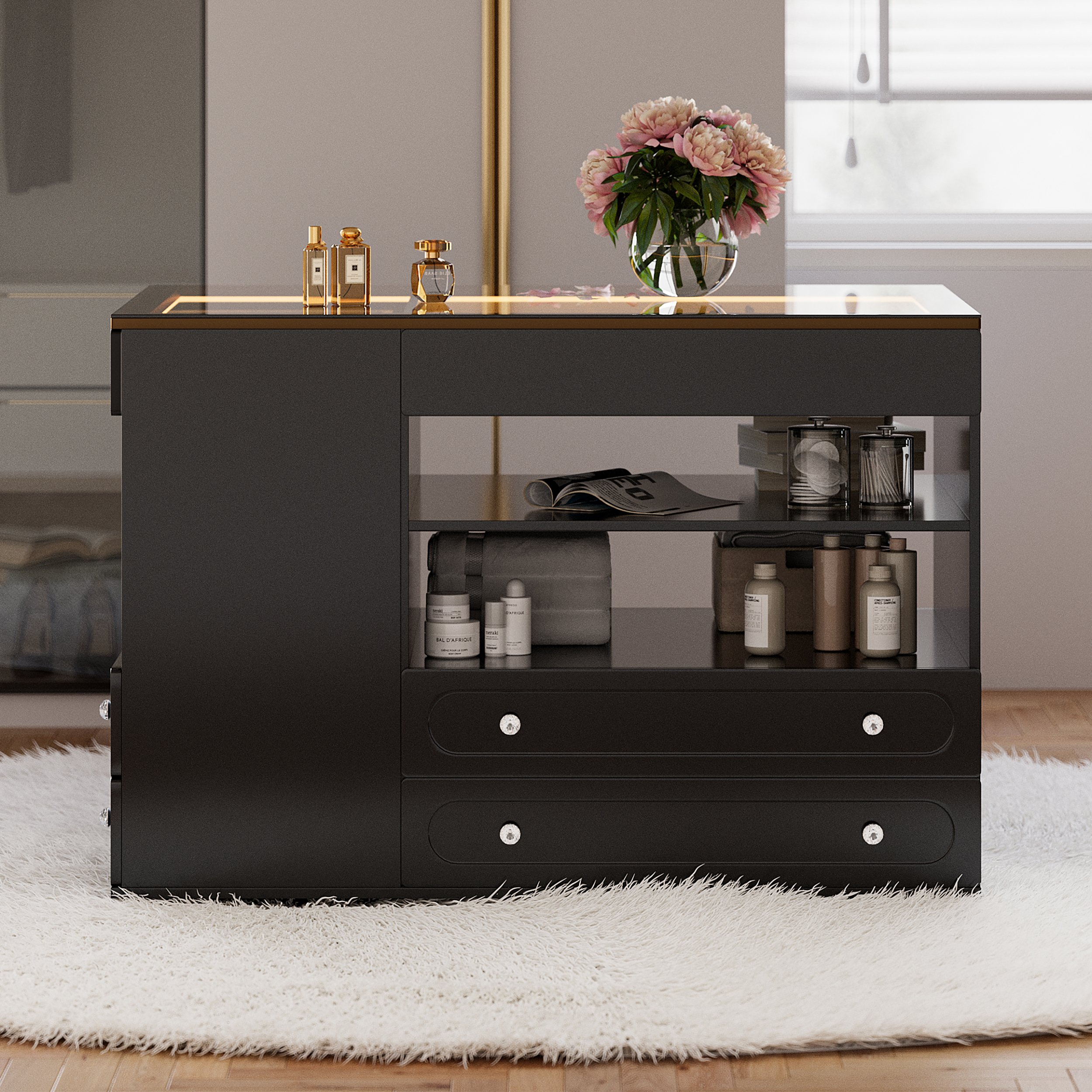 HMR 47"W Dresser Walk in Closet Island with Jewelry Storage LED Light - Black
