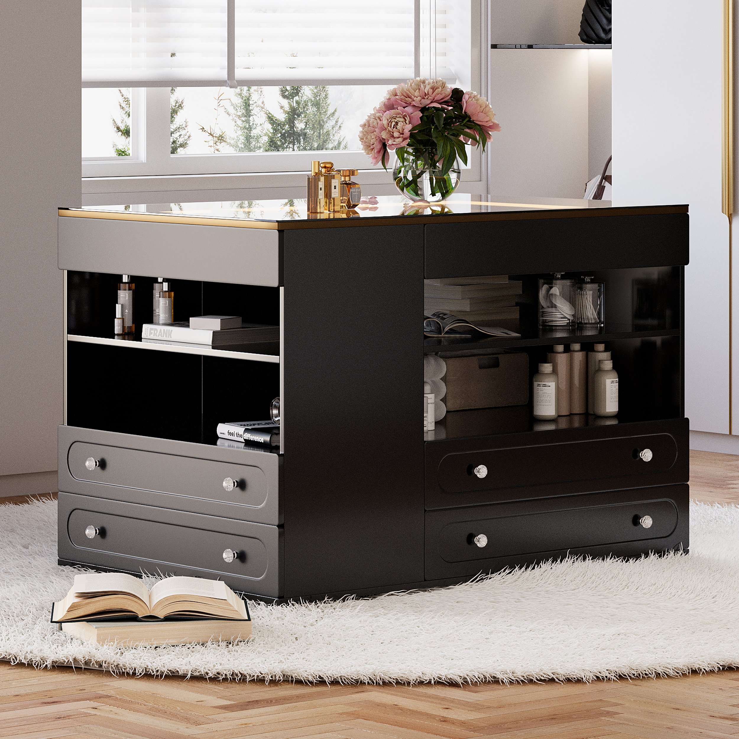 HMR 47"W Dresser Walk in Closet Island with Jewelry Storage LED Light - Black