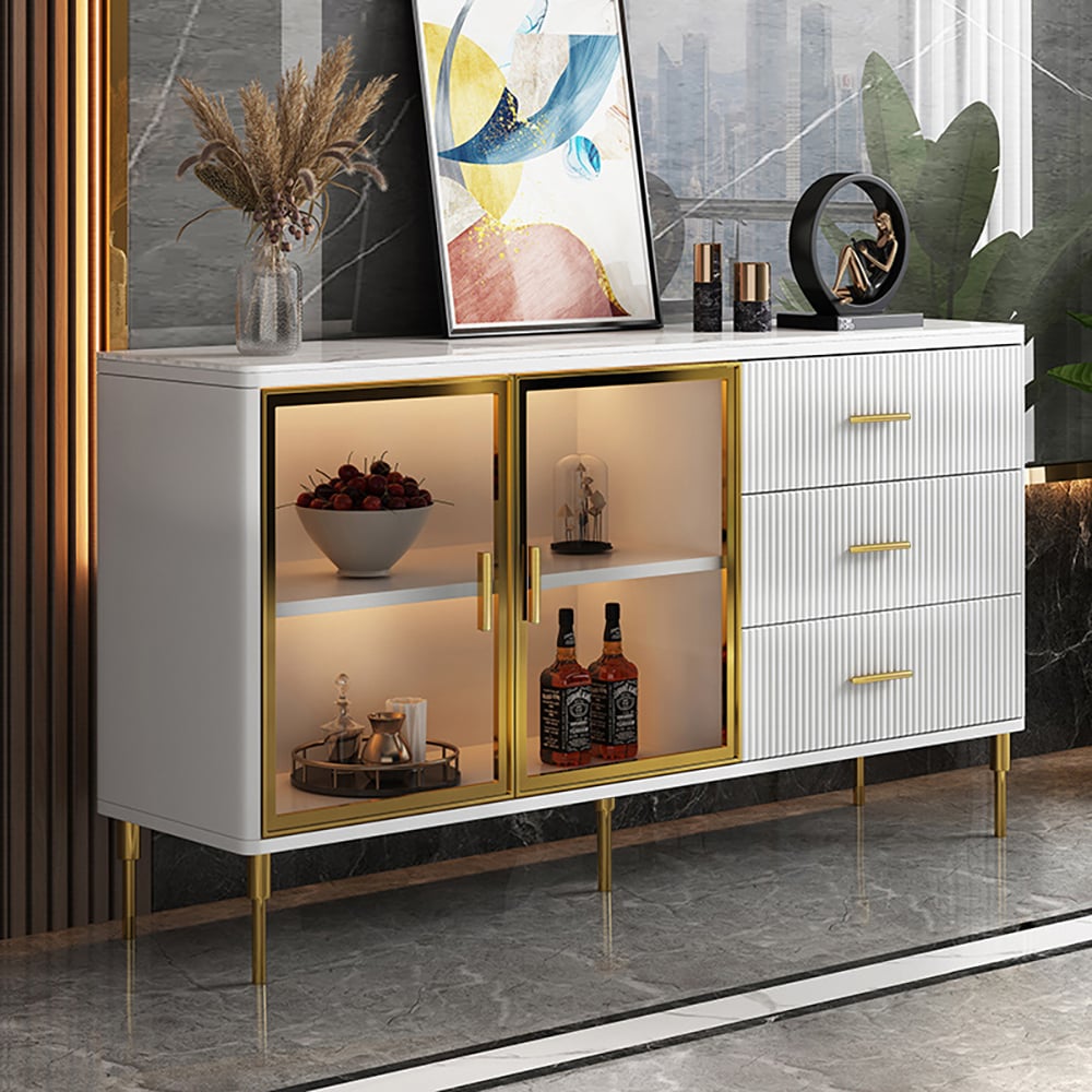 HMR Cofab Sideboard Sintered Stone Top Luxury Buffet Tempered Glass Doors - White, 59"