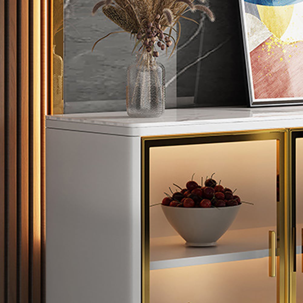 HMR Cofab Sideboard Sintered Stone Top Luxury Buffet Tempered Glass Doors - White, 59"