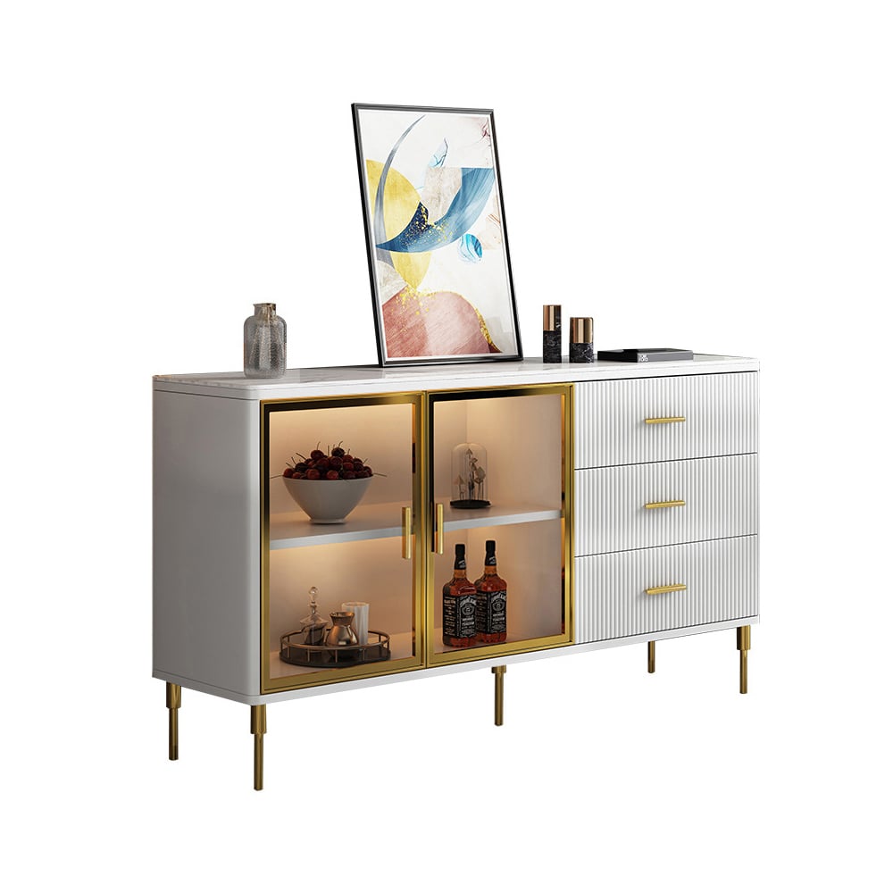 HMR Cofab Sideboard Sintered Stone Top Luxury Buffet Tempered Glass Doors - White, 59"