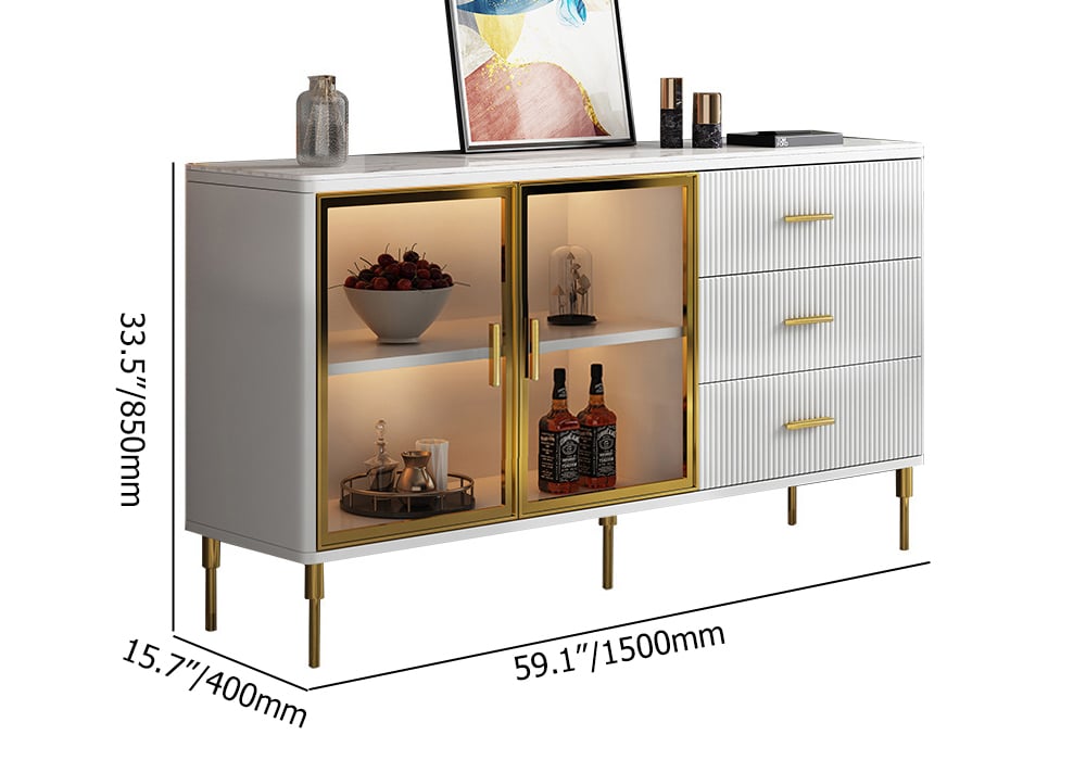 HMR Cofab Sideboard Sintered Stone Top Luxury Buffet Tempered Glass Doors - White, 59"